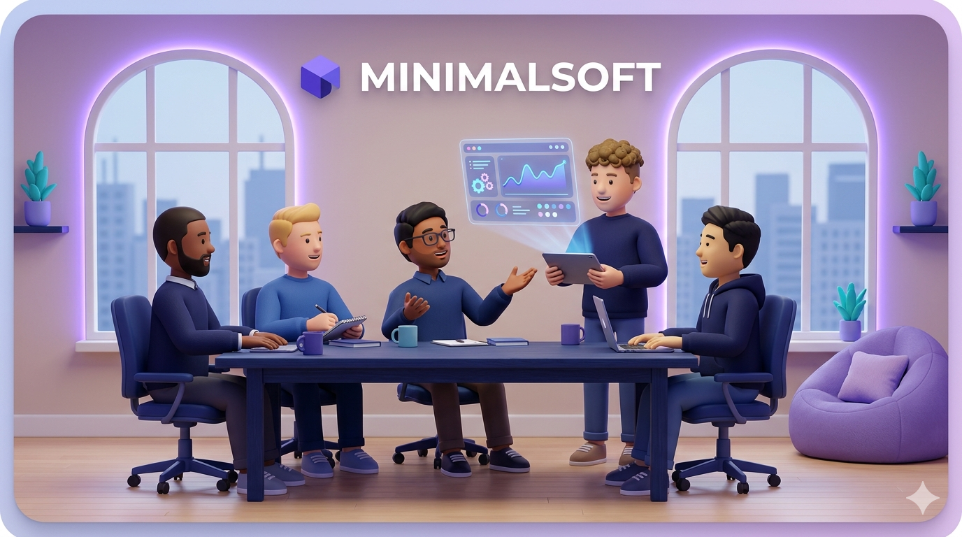 Minimal Soft team collaborating in a modern office